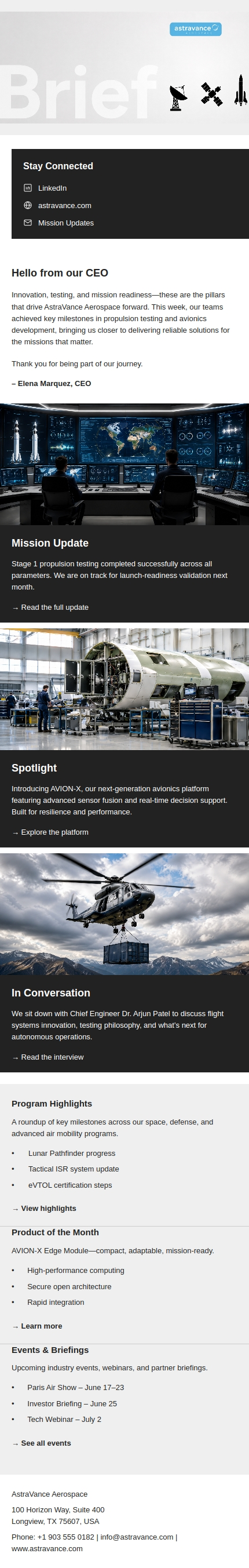 Astravance newsletter design by lekoj studio - mobile responsive